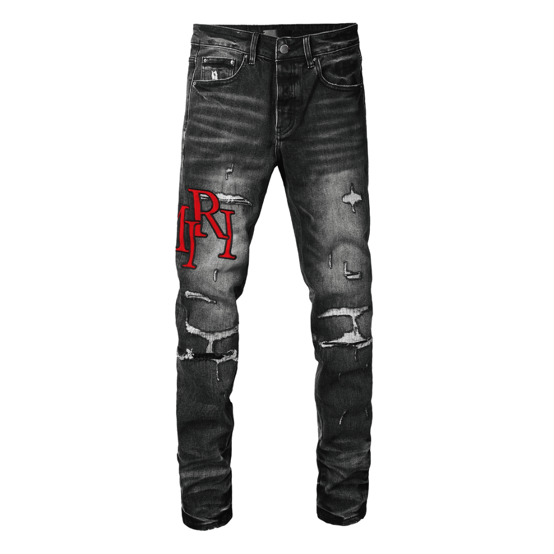 Amr Staggered Red Logo Jeans - Nov - ell - fas - ion