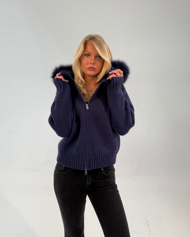 Fur Jacket Satin - Navy Blue