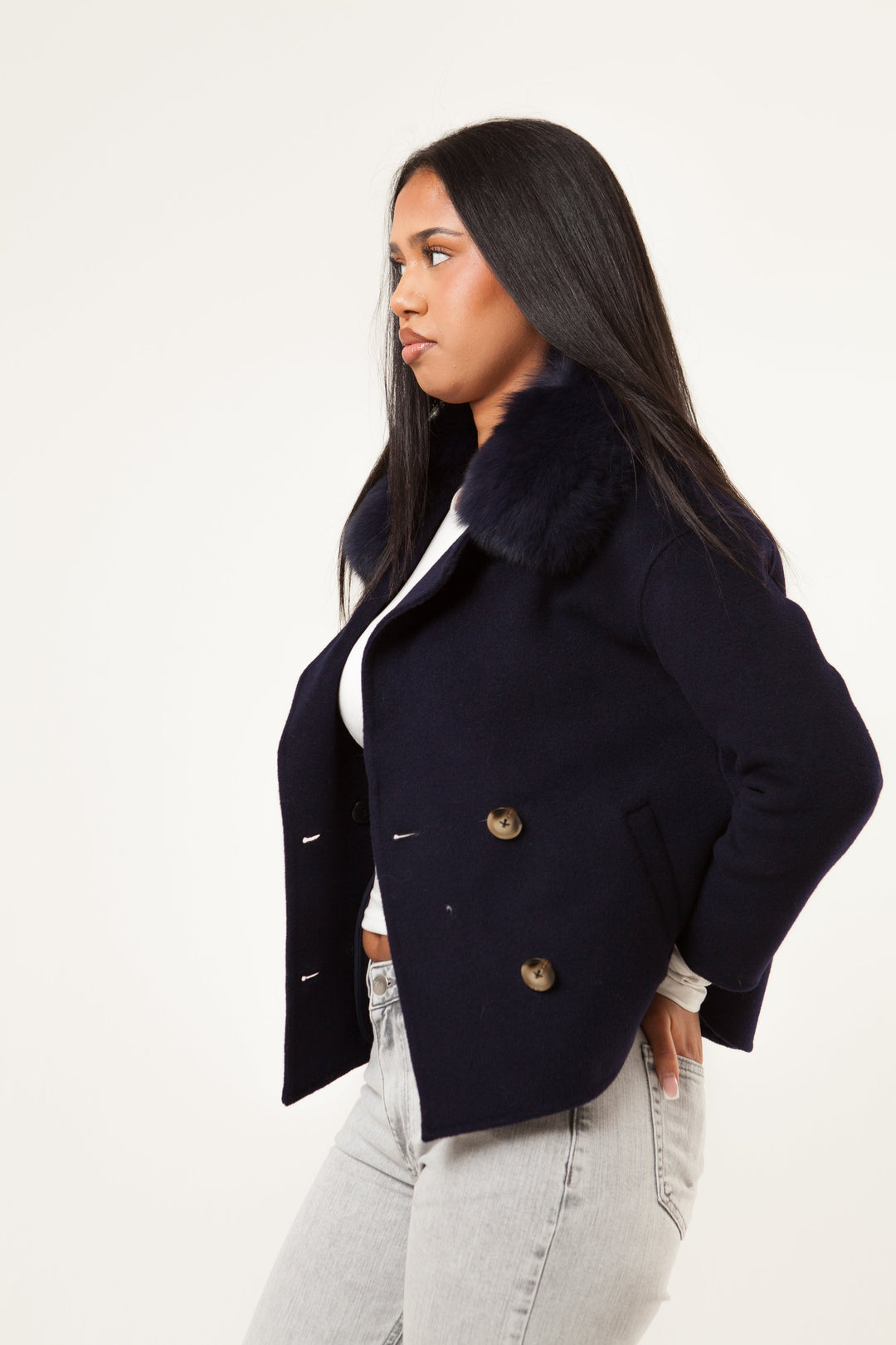 Double Button Cashmere Coat - Navy