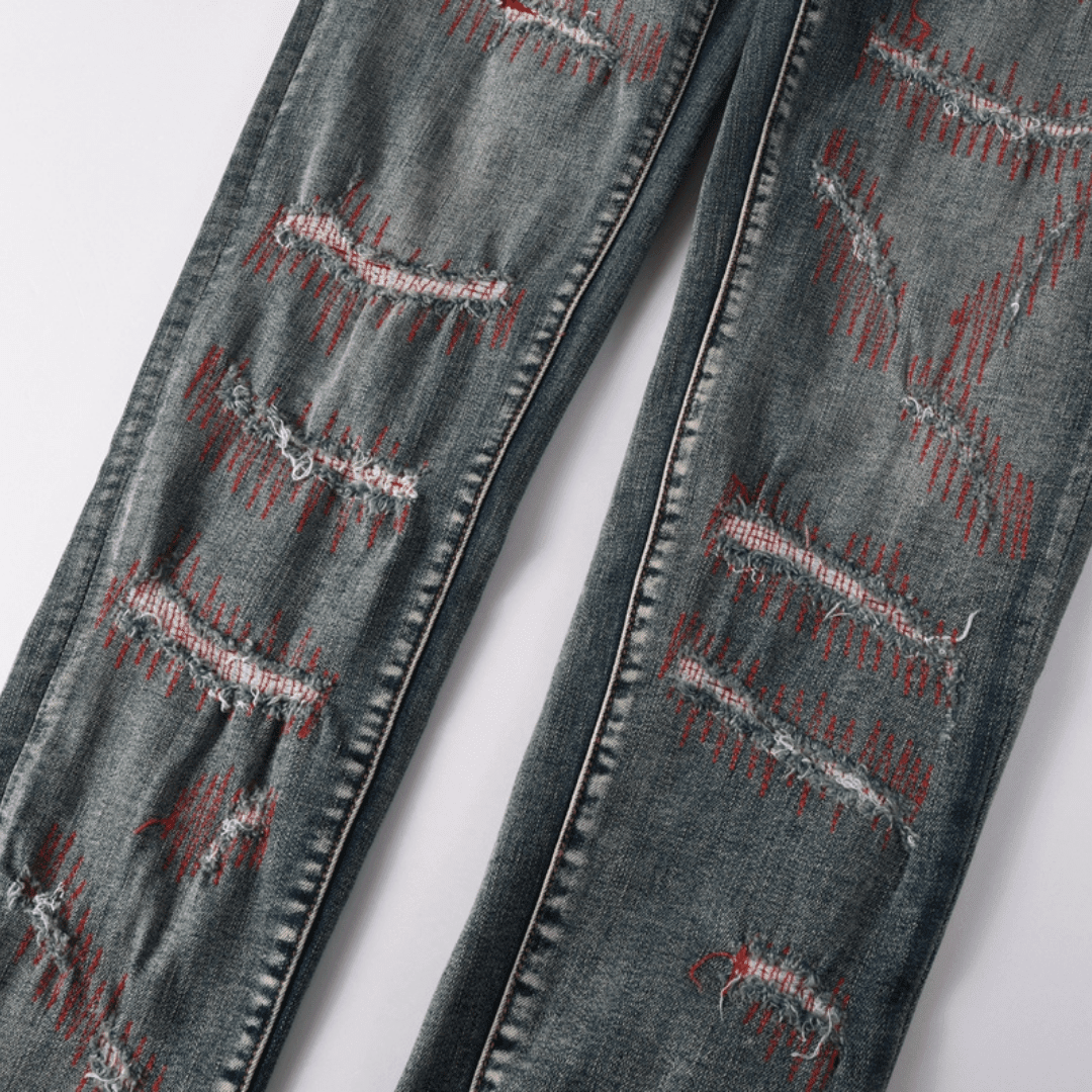 Purple Red Distressed Patch Jeans - Novell "Fashion"