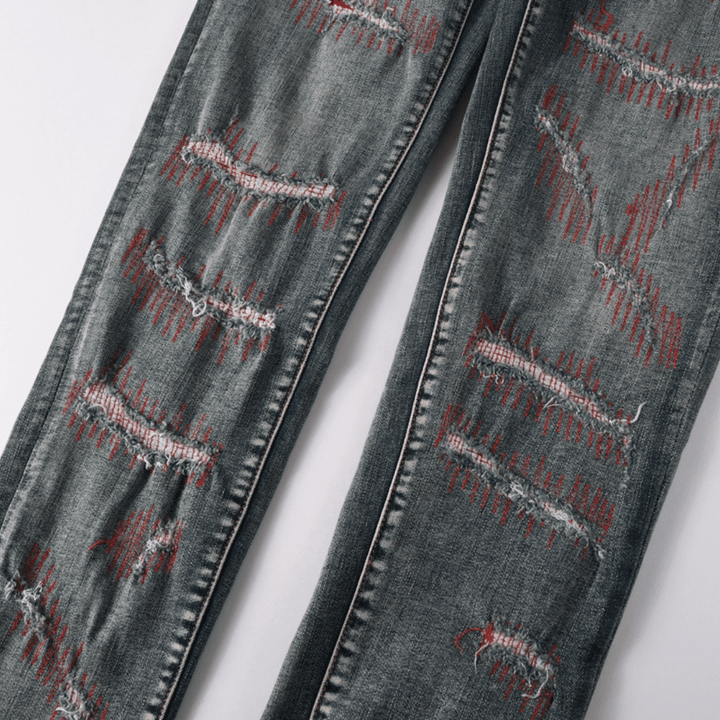Purple Red Distressed Patch Jeans - Novell "Fashion"