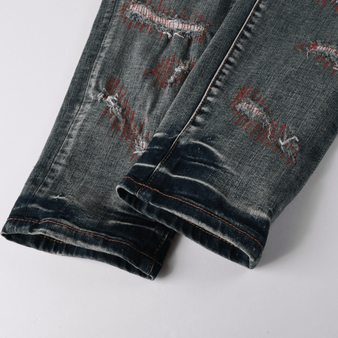 Purple Red Distressed Patch Jeans - Novell "Fashion"